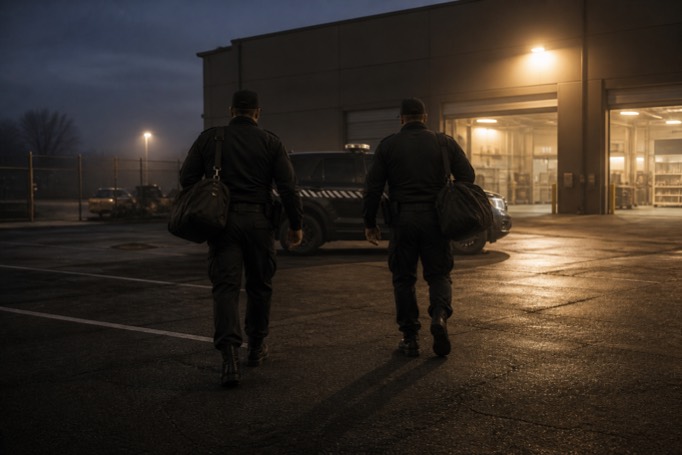 Two Shield of Steel officers crossing the floodlit lot to their patrol vehicle at dawn shift change