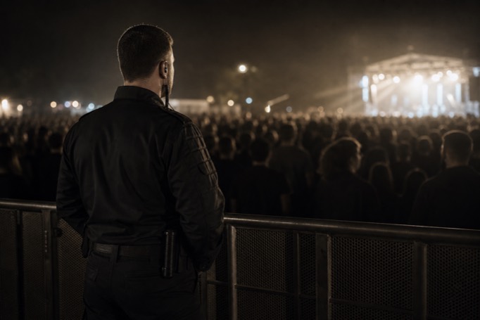 Shield of Steel officer posted at a steel barricade facing a night concert crowd