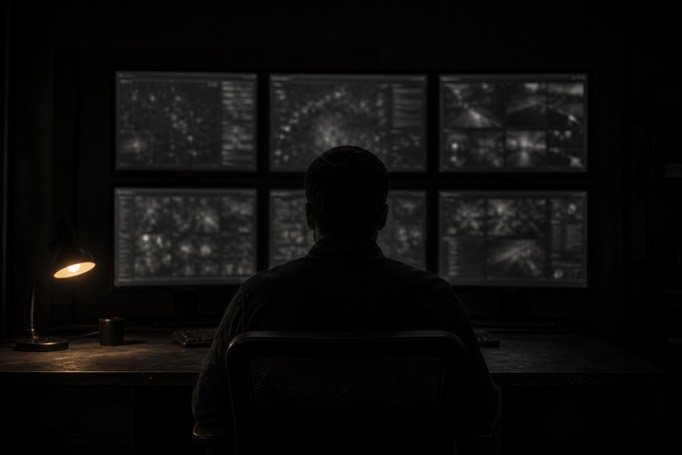 Shield of Steel Cyber Command analyst at a wall of monitors in the security operations center